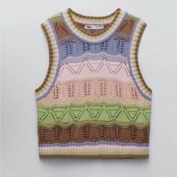 ZARA Multicolor Crochet Chinky Knit Cropped Sweater Vest Top - Picture 1 of 13